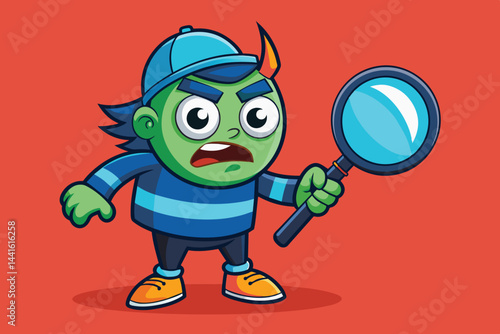 A young animated boy with a vibrant hat and coat holds a magnifying glass, showcasing his excitement for exploration and discovery in a playful atmosphere.