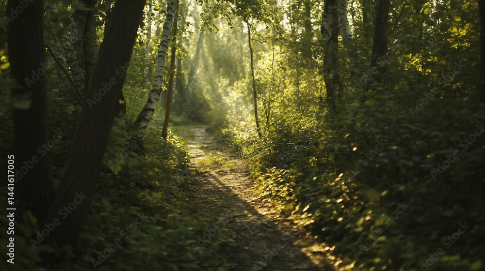 Obraz premium Sunlit path through a verdant forest