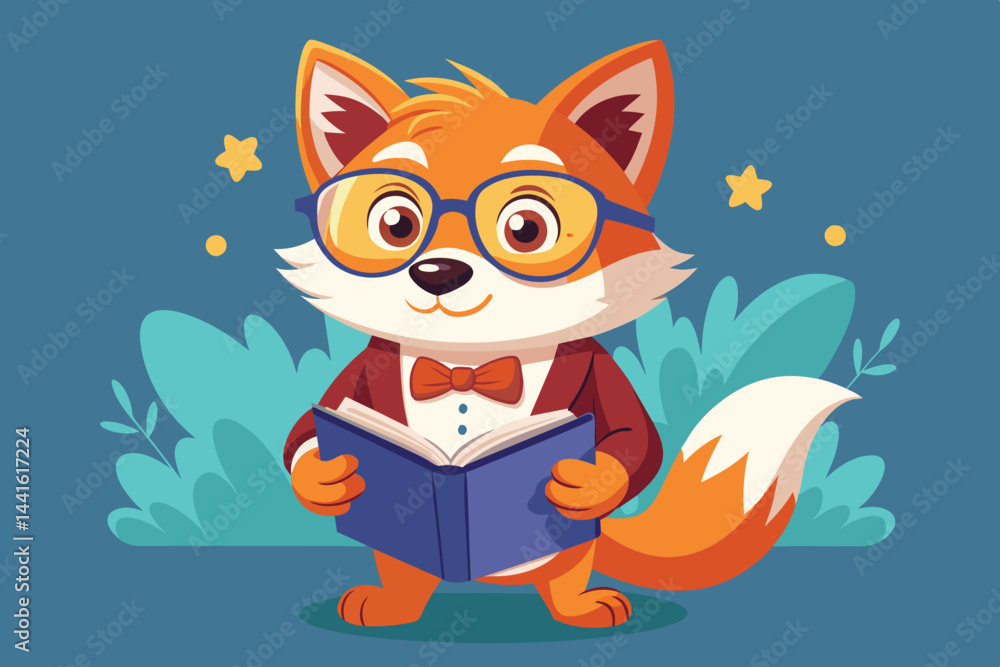 A cute fox character with glasses and a red scarf is happily reading a book, showcasing a love for learning and adventure. The background is vibrant blue. A cute fox character with glasses and a red scarf is happily reading a book, showcasing a love for learning and adventure. The background is vibrant blue.