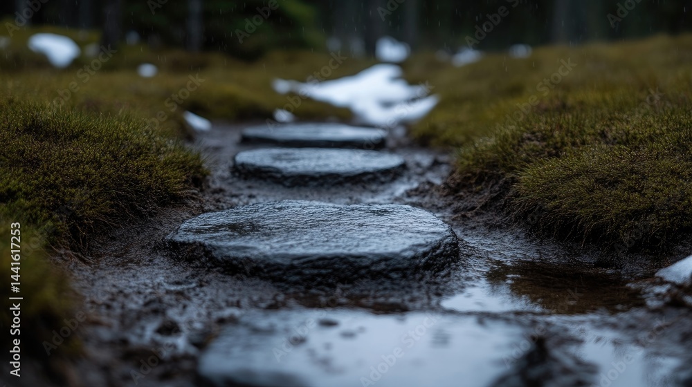 Fototapeta premium Wet stone stepping stones form a path through mossy ground and patches of melting snow in a dark forest.