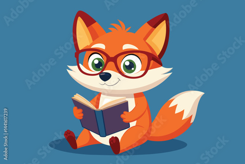 This adorable cartoon fox with glasses enjoys reading a book while sitting comfortably. Its bright orange fur and animated features create a cheerful vibe.