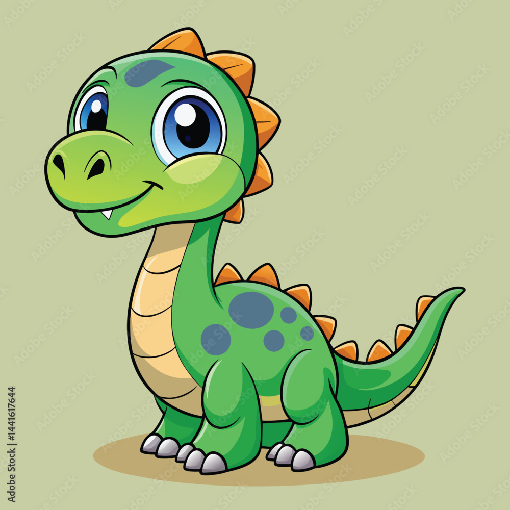 Fototapeta premium A cheerful cartoon dinosaur stands proudly with a friendly expression and colorful scales. This character is perfect for children's books, toys, or educational materials.