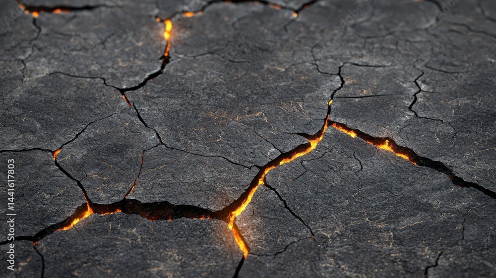 Obraz premium Cracked Earth with Molten Lava Below, Volcanic Texture Background cracked earth molten lava volcanic