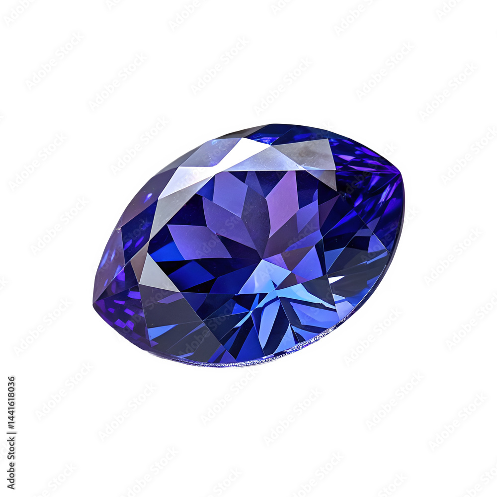 Full side view of a tanzanite gemstone, deep internal facets reflecting its vibrant color and depth Full side view of a tanzanite gemstone, deep internal facets reflecting its vibrant color and depth