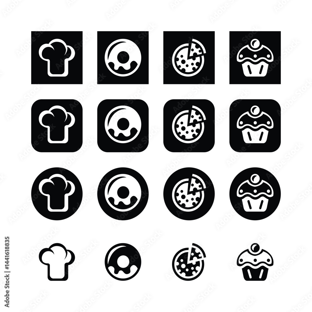 Minimalist Food Icons Featuring Chef Hat Donut Pizza And Cupcake In Black And White Palette Minimalist Food Icons Featuring Chef Hat Donut Pizza And Cupcake In Black And White Palette