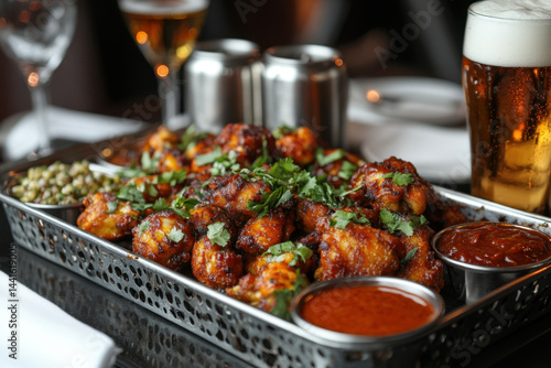 Tray of food with a glass of beer.