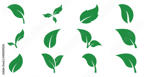 Eco green color leaf vector logo flat icon set. Isolated leaves icon on white background. Bio plant and tree floral forest concept design. Vector green leaf icon, eps 10