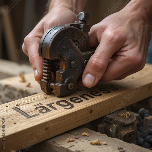 Vice grip tool squeezing a plank with the word largeness