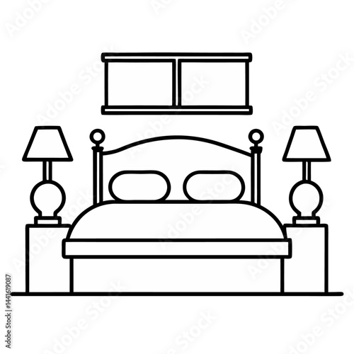 Front view of a stylish bed illustrated in continuous line art style perfect for home decor projects bedroom furniture branding and modern minimalist interior designs