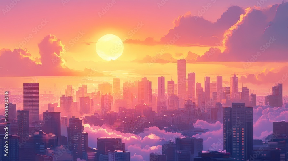 Fototapeta premium Dawn City. Sunset Sky with Sun and Clouds Over Urban Landscape