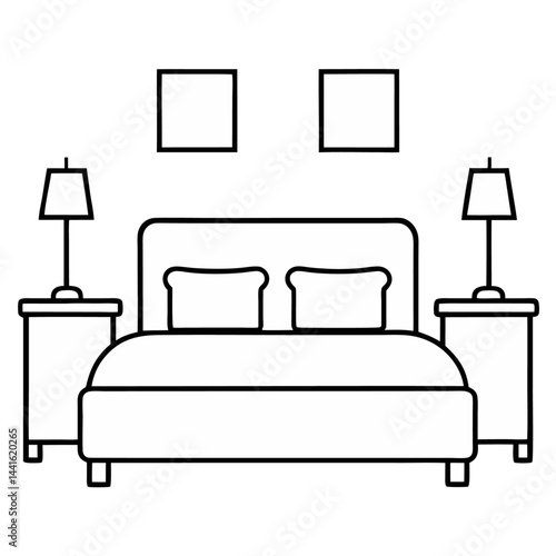 Bed depicted in elegant continuous line art style from a front view capturing minimalistic bedroom furniture design perfect for modern interior illustration and decor themes