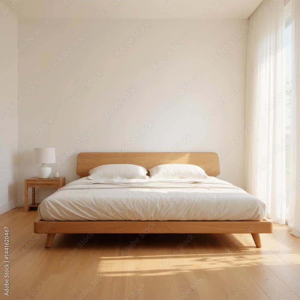 A minimalist bedroom featuring a wooden bed with white bedding, a nightstand, and a lamp, illuminated by natural light. A minimalist bedroom featuring a wooden bed with white bedding, a nightstand, and a lamp, illuminated by natural light.