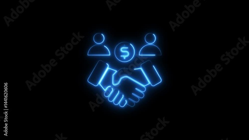Neon business deal handshake dollar sign agreement partnership collaboration on black background