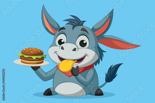 A playful blue cat sits happily, holding a delicious hamburger, surrounded by a vibrant yellow backdrop that enhances its joyful expression.