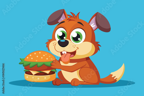 A playful cartoon dog with a big smile sits happily next to a giant hamburger, showcasing a fun and whimsical atmosphere filled with joy.