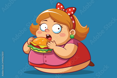 A young girl with blonde hair and a bow happily munches on snacks while sitting beside a delicious burger, radiating joy and contentment.