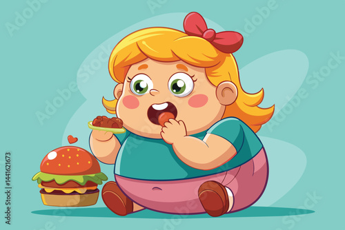 A young girl with blonde hair and a red hat is happily biting into a large hamburger. The colorful diner setting features other food items like burgers and desserts on display.
