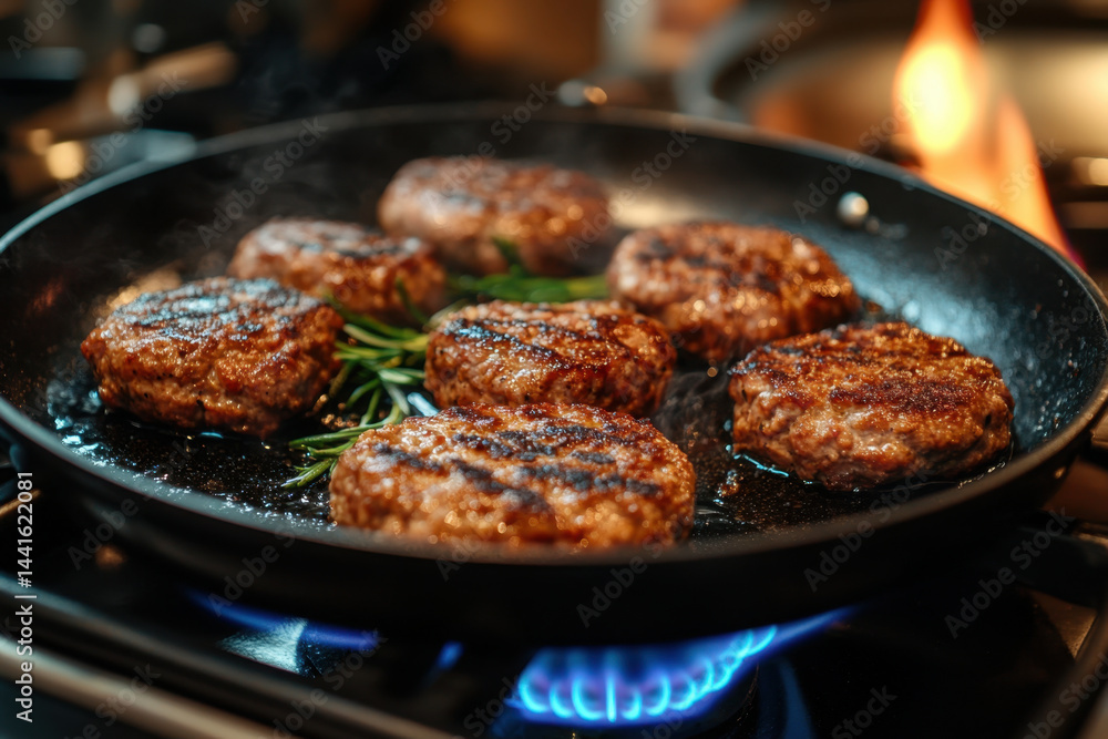 Meat sizzling in a pan on a stove. Meat sizzling in a pan on a stove.