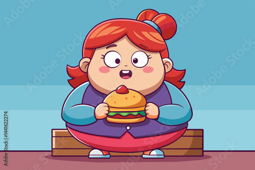 A happy child with orange pigtails eagerly prepares to take a big bite of a delicious burger, showcasing joy and excitement in a colorful cartoon setting.