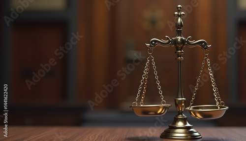 Golden balance scale in a courtroom
Classic justice scale with blurred court background
Legal balance scale in a dim courtroom
Close-up of golden justice scales
Partial view of scales of justice
Scale