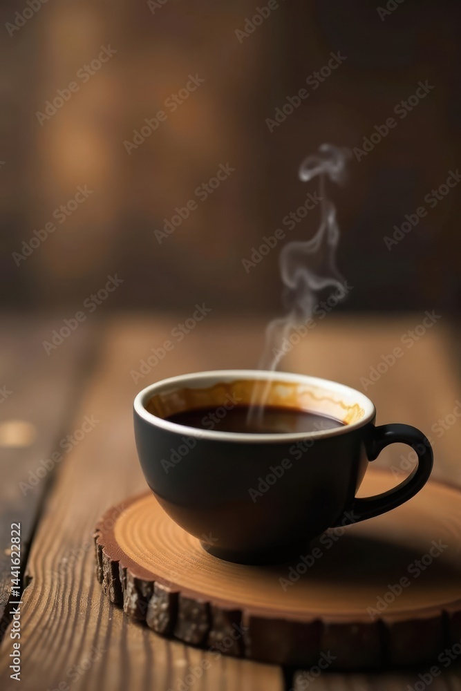 Fototapeta premium Aromatic Dark Roast Coffee in a Rustic Setting on a Wooden Coaster