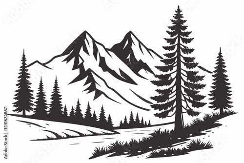 Black silhouette of mountains and fir trees camping adventure wildlife landscape panorama illustration icon vector for logo, isolated on white background.