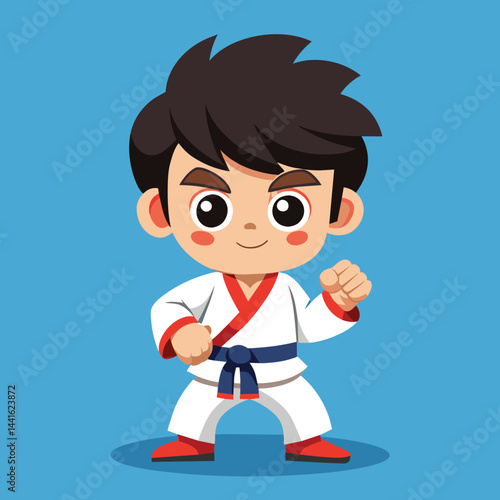 A youthful martial artist stands in a confident pose, wearing a traditional white karate uniform and a vibrant red headband, showcasing determination and skill.