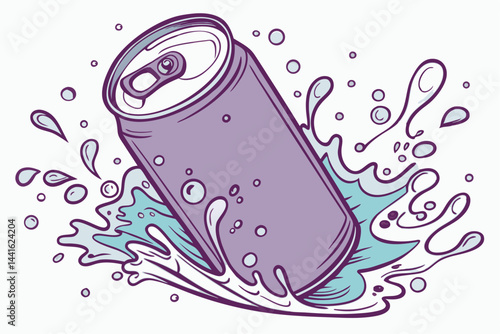 Purple soda can in water splash. Fresh refreshment, liquid drink with splash around mockup metallic can. Refreshing drink splash, summer cool, beverage. Clear refreshing drink.