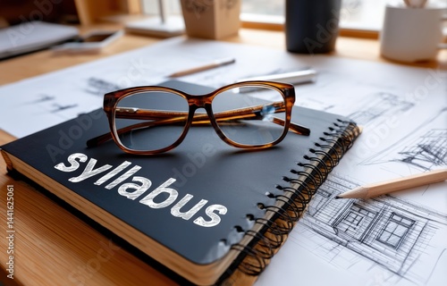A pair of glasses rests on a spiral-bound syllabus surrounded by architectural sketches and pencils on a wooden desk.