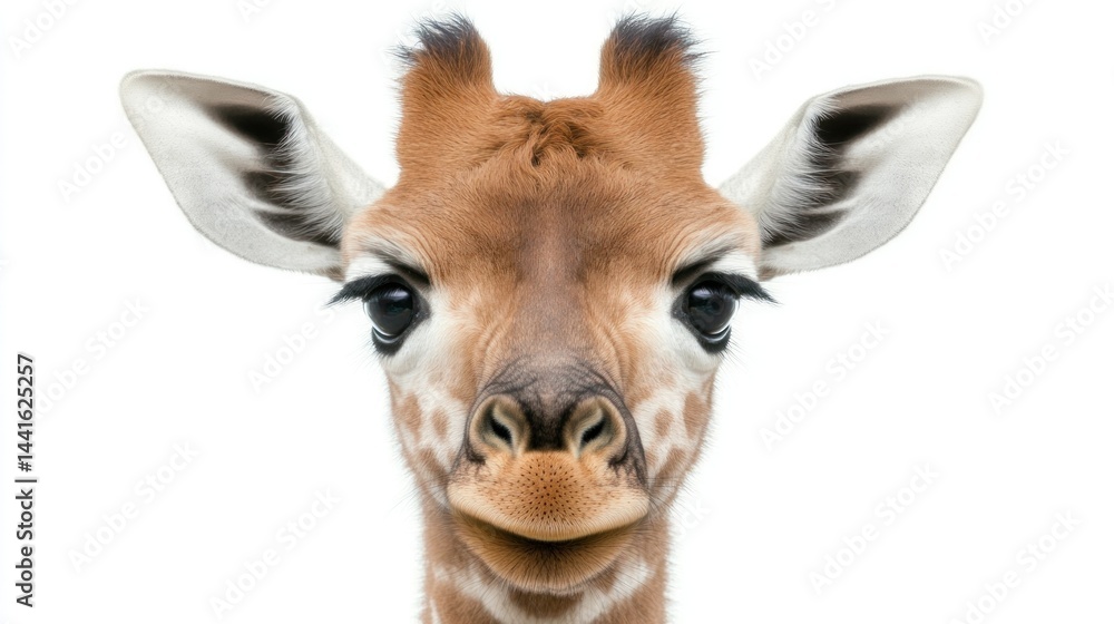 Fototapeta premium Close-up portrait of a baby giraffe, with large expressive eyes and soft features. A gentle, curious gaze meets the viewer