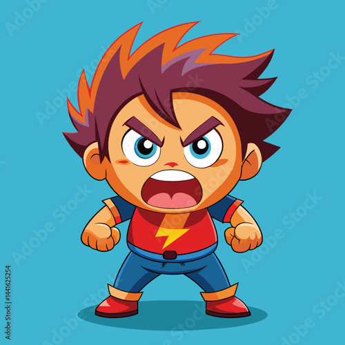 A young cartoon character stands assertively with a fierce expression, sporting a blue shirt with a lightning bolt and casual pants, set against a bright red background.