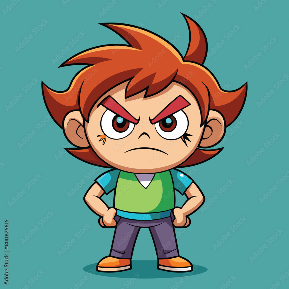An animated child character with expressive green eyes and messy brown hair stands confidently with clenched fists, exuding determination and energy. An animated child character with expressive green eyes and messy brown hair stands confidently with clenched fists, exuding determination and energy.