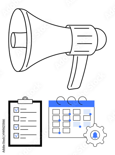 Megaphone, checklist, calendar, and gear highlighting structured planning, teamwork, and communication. Ideal for task management, teamwork, project planning scheduling notifications business