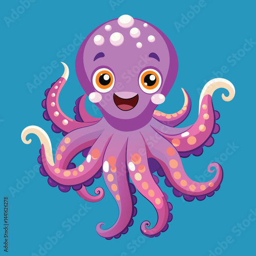 A happy cartoon octopus is smiling with big eyes, featuring vibrant blue and purple colors
