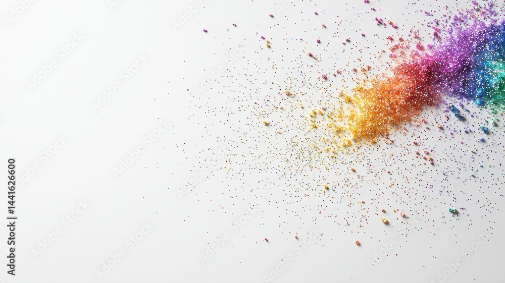 Obraz premium Rainbow Glitter Explosion on White Background glitter rainbow colorful sparkle abstract texture dust