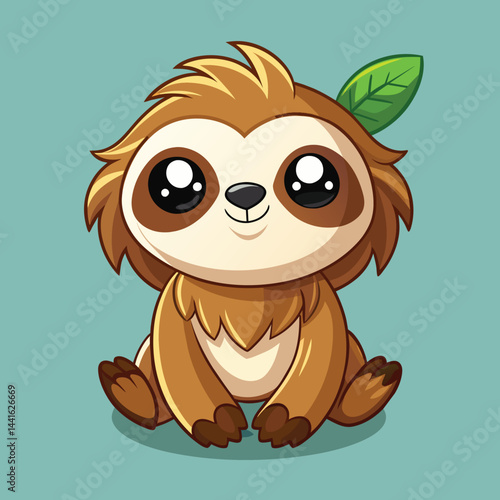 A cartoon sloth sits cheerfully against a light blue backdrop, featuring large, expressive eyes and a playful expression that enhances its adorable charm.