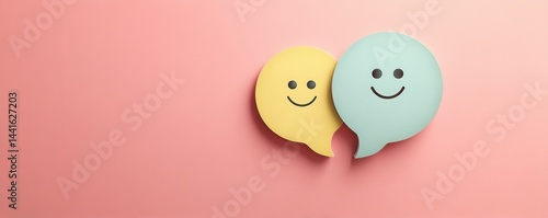 feedback survey response concept. Happy speech bubbles on a pastel background conveying positivity.