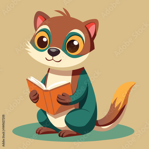 A cheerful cartoon animal sits happily, reading a book with a bright smile. The colorful character has expressive eyes and a cozy outfit, promoting a love for reading.