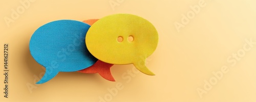 feedback survey response concept. Colorful speech bubbles on a yellow background representing communication.