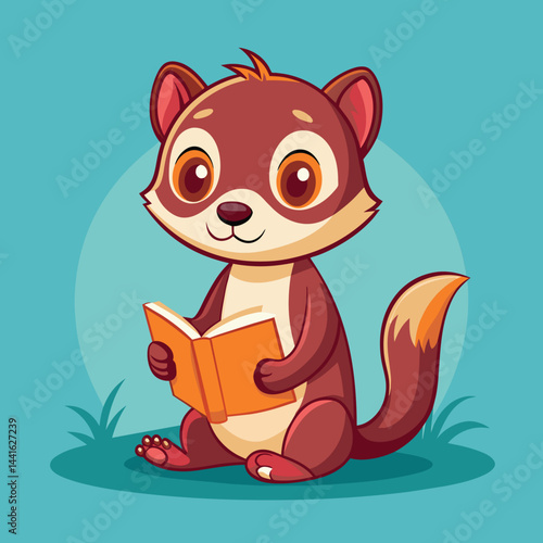 A delightful cartoon critter with big eyes enjoys a book while sitting on a grassy patch, showcasing a joyful moment of learning in a playful style.