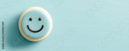 feedback survey response concept. Happy face button on a light blue background.