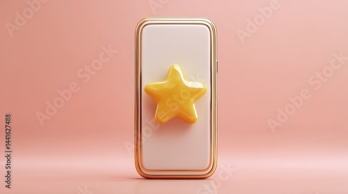 feedback survey response concept. Stylized phone with a golden star icon on a pink background.