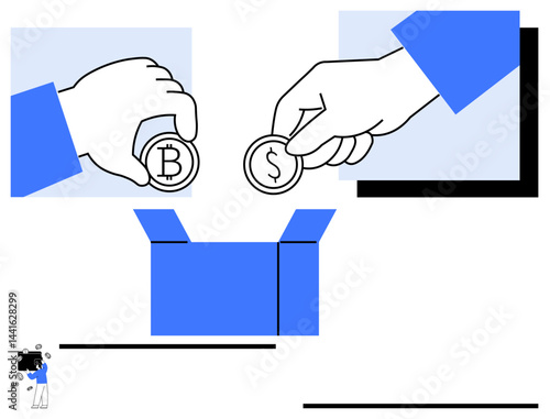 Hands holding cryptocurrency and dollar coins being placed in a donation box, symbolizing financial contribution, crowdfunding, or investment. Ideal for charity, finance, investment, giving