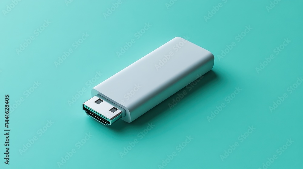 A USB flash drive with angular edges, lying flat on a seafoam green background A USB flash drive with angular edges, lying flat on a seafoam green background