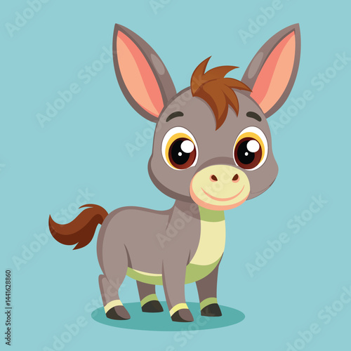 A joyful cartoon donkey with large expressive eyes, standing upright on a soft green surface, displaying a friendly demeanor and playful stance.