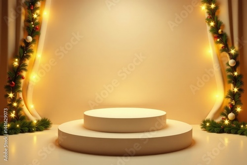 White lights dance around a pedestal on beige background with festive garland, Christmas, decoration, beige