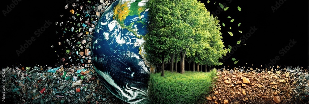 Conceptual Representation of Earth Divided Between Pollution and Nature at a Time of Environmental Crisis