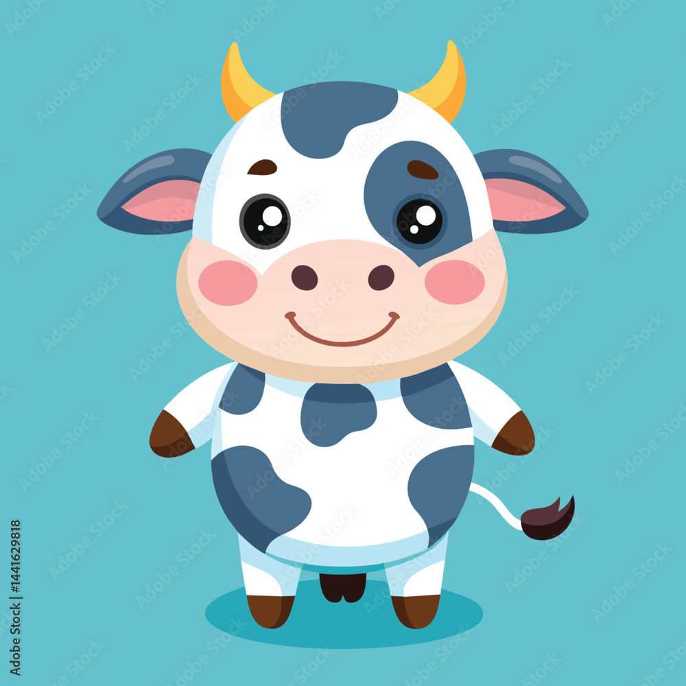 A charming cartoon cow stands happily with big eyes and a cheerful smile. Its brown and white patches create a delightful character, perfect for children's design themes. A charming cartoon cow stands happily with big eyes and a cheerful smile. Its brown and white patches create a delightful character, perfect for children's design themes.