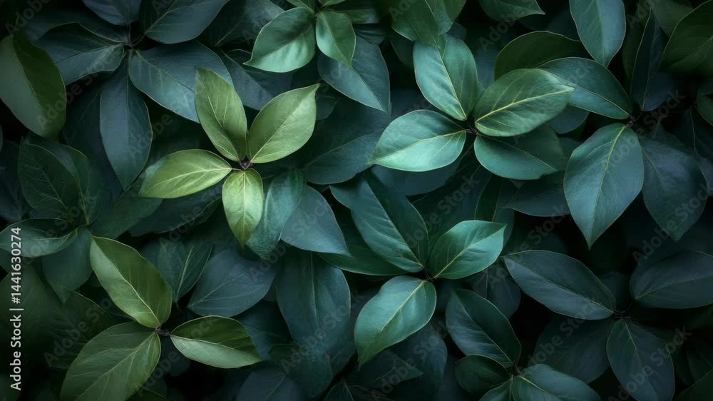 Dark green leaves cluster, overhead view in a garden, natural backdrop Dark green leaves cluster, overhead view in a garden, natural backdrop