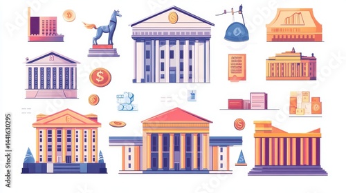 Collection of illustrated bank buildings and financial symbols in a vibrant color palette.